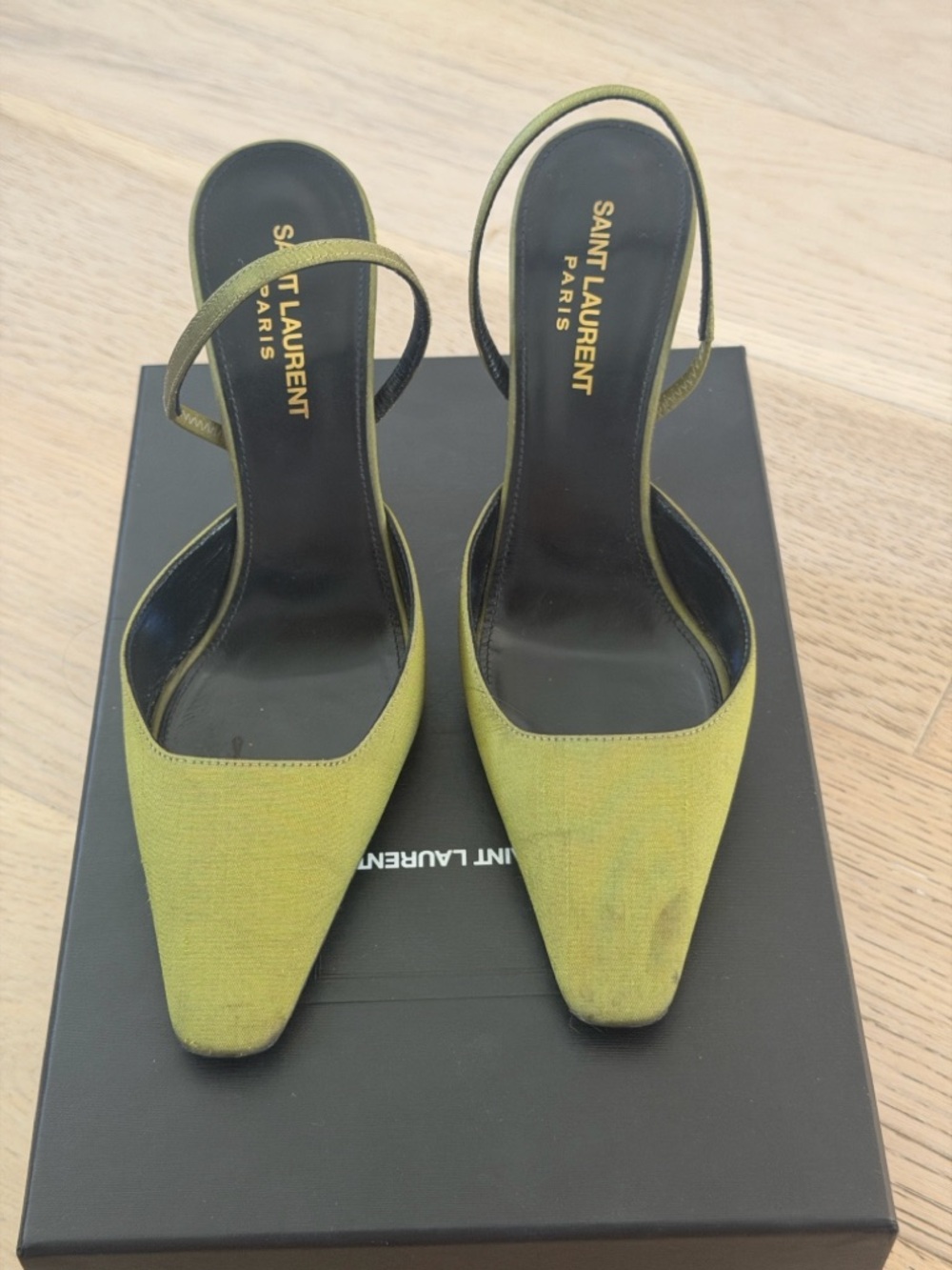 Saint Laurent Olive Green Pointed Slingback Pumps